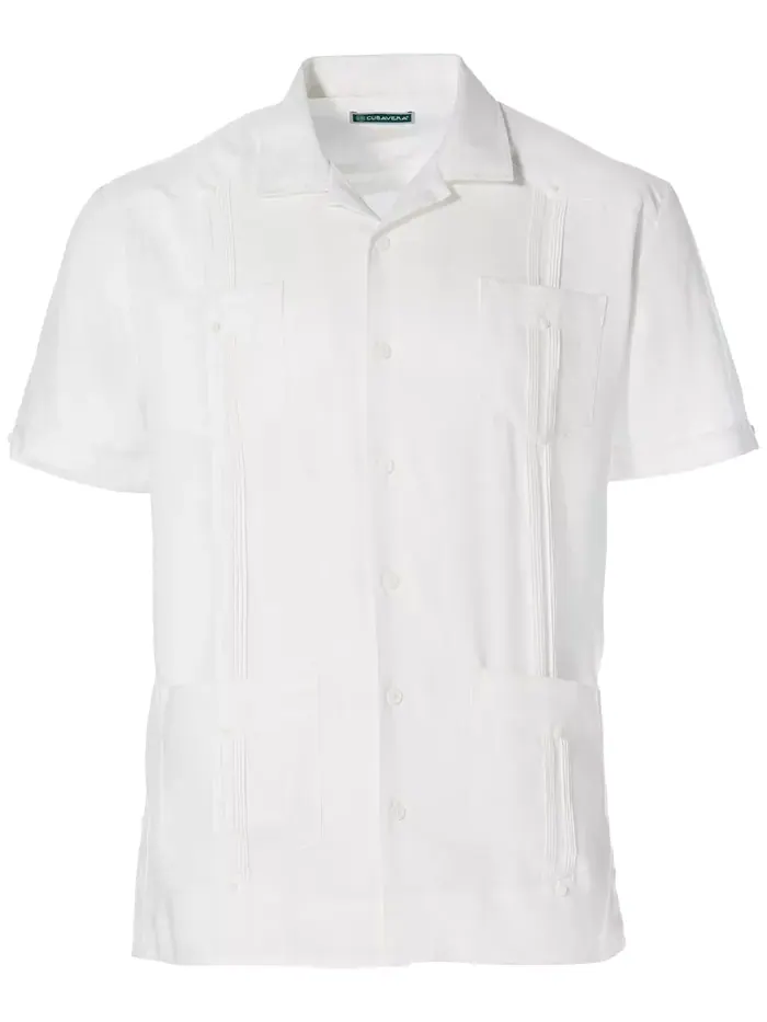 Мужская 100% льняная рубашка с коротким рукавом и четырьмя карманами Guayabera Cubavera — изображение 5 из 8, яркий белый