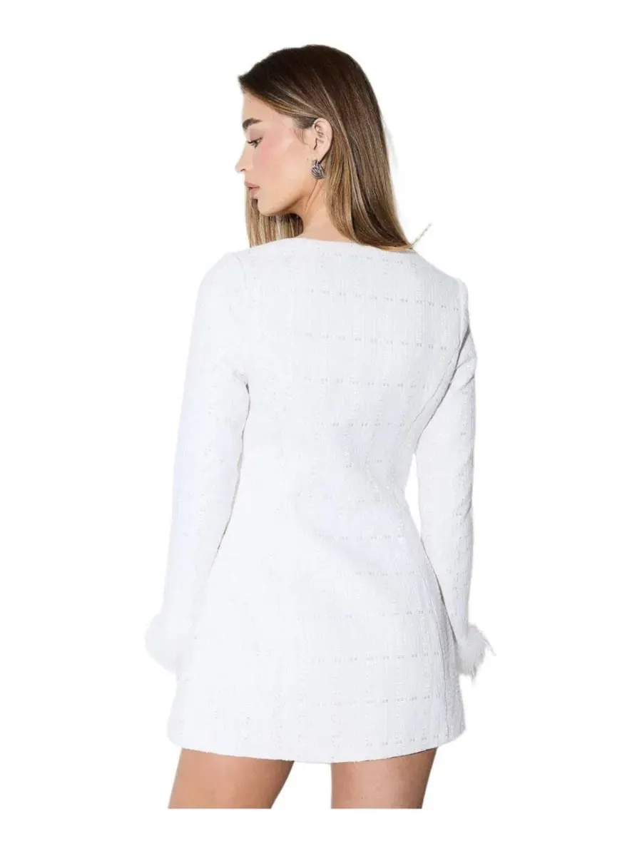 Платье с отделкой из перьев Boucle Feather Trim Mini Dress MissPap — изображение 2 из 7, белый