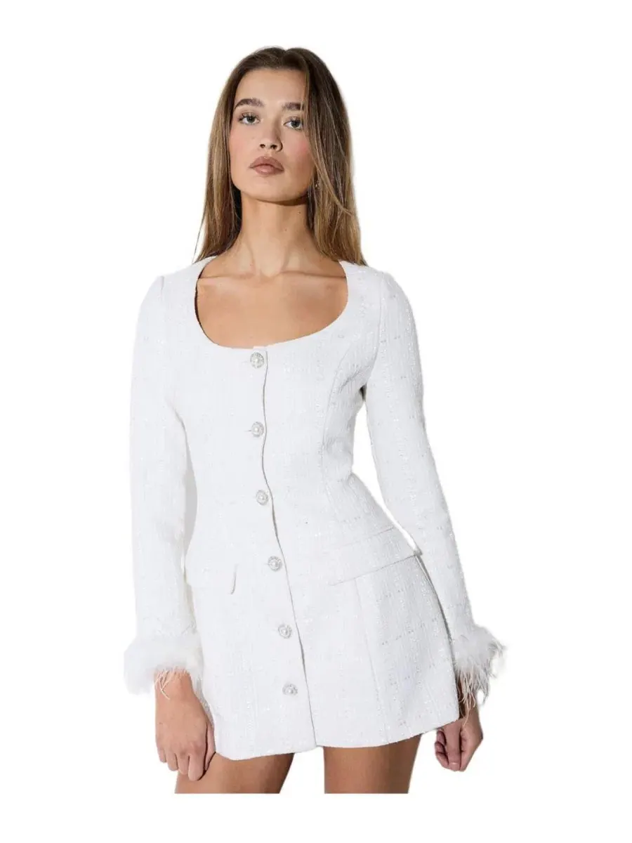 Платье с отделкой из перьев Boucle Feather Trim Mini Dress MissPap — изображение 3 из 7, белый
