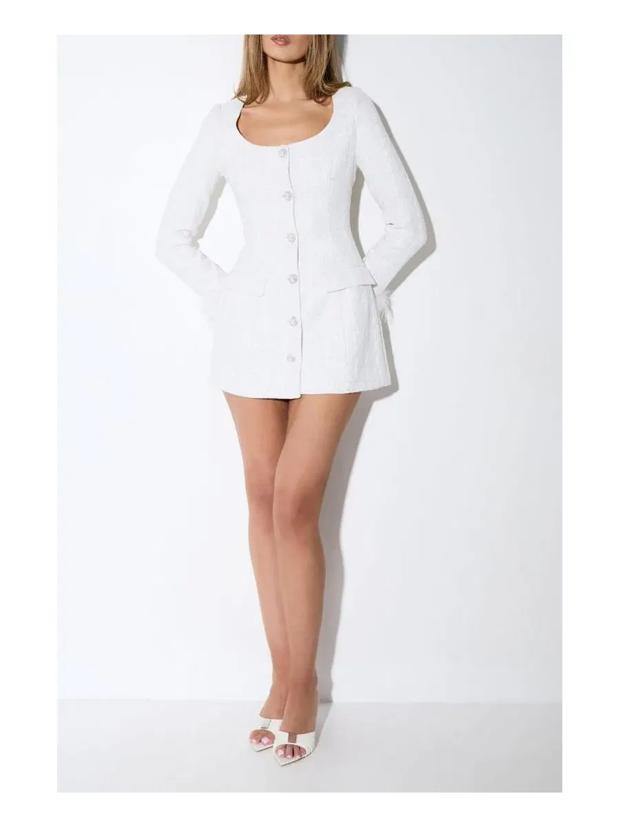 Платье с отделкой из перьев Boucle Feather Trim Mini Dress MissPap — изображение 4 из 7, белый