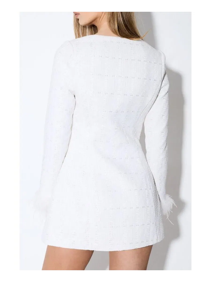 Платье с отделкой из перьев Boucle Feather Trim Mini Dress MissPap — изображение 6 из 7, белый