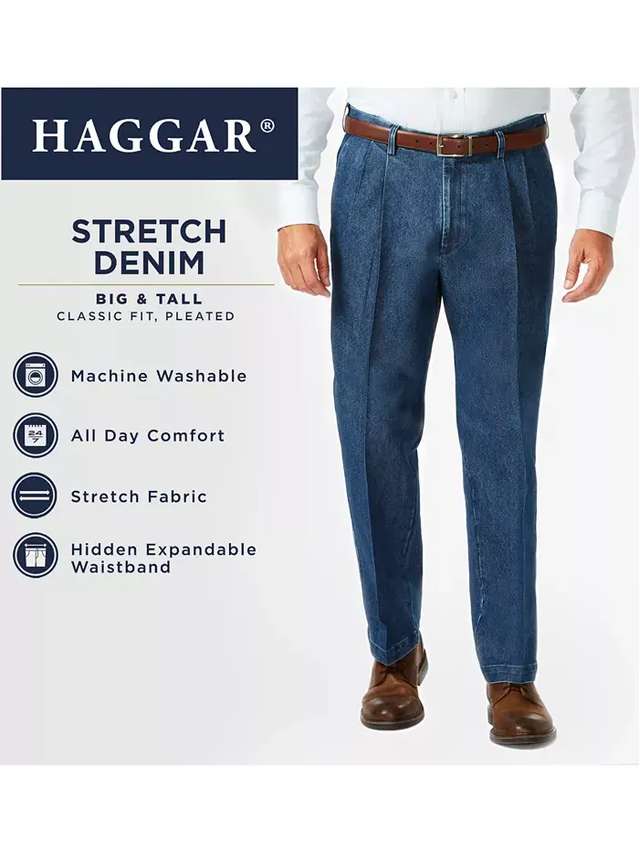 Мужские классические брюки с защипами Big & Tall из эластичного денима Haggar — 6