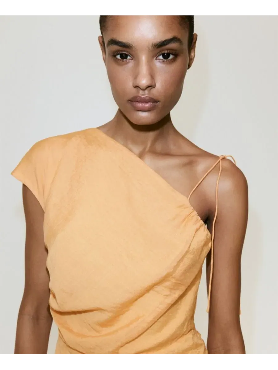 Платье асимметричное с бантом, модель Asymmetrical Bow Detail MANGO — изображение 4 из 5, оранжевый