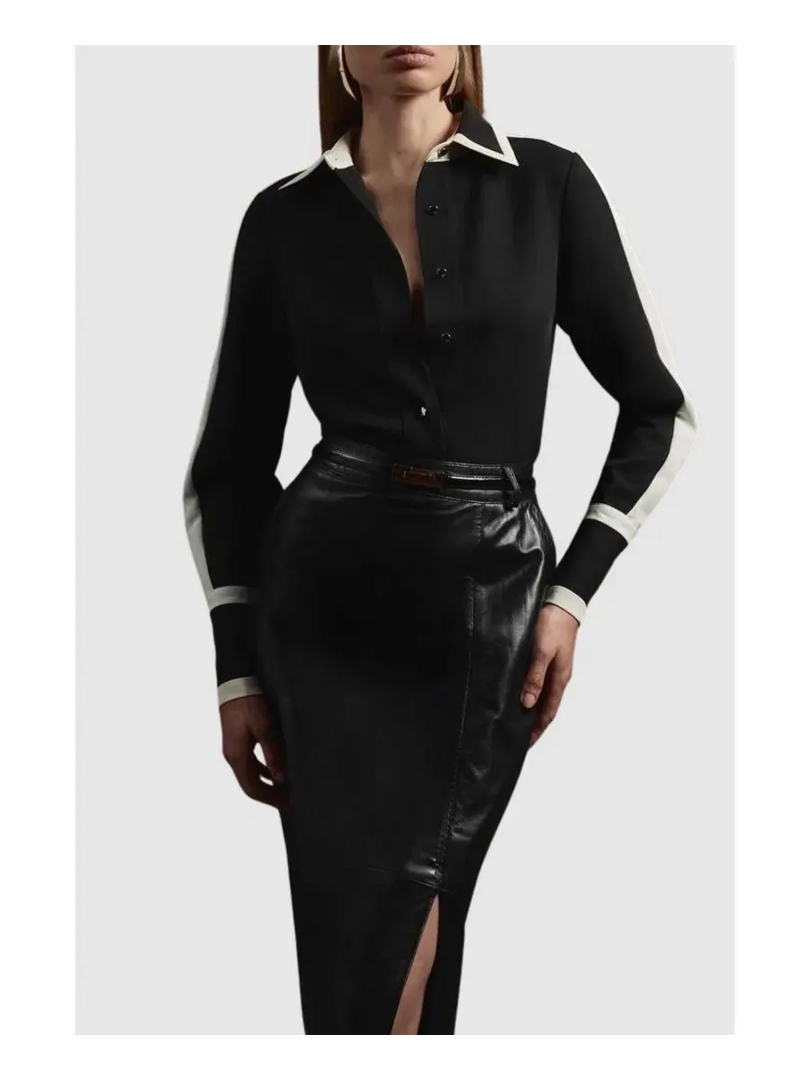Женская рубашка с воротником и принтом Colour Block Karen Millen — изображение 7 из 8, черный