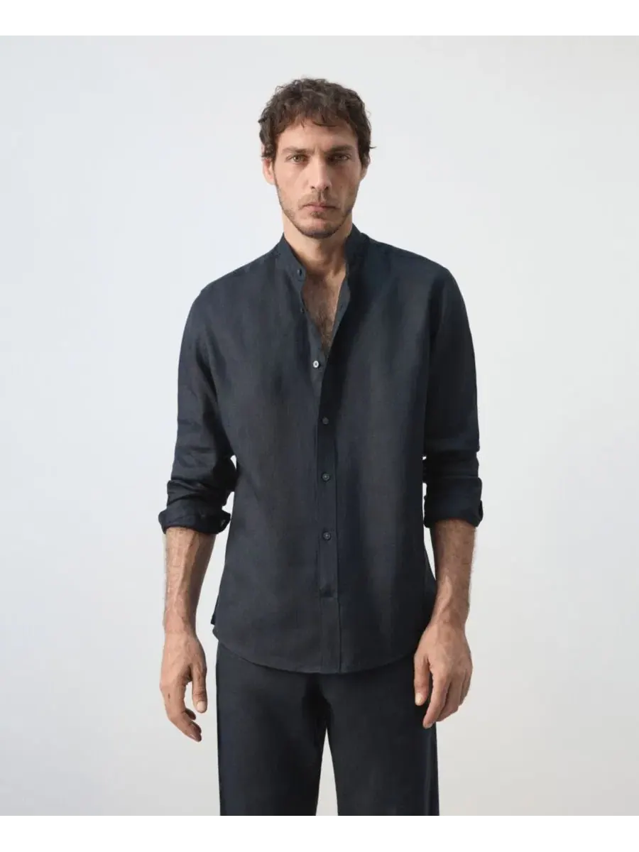 Мужская рубашка из льна Regular Fit Mao воротник MANGO