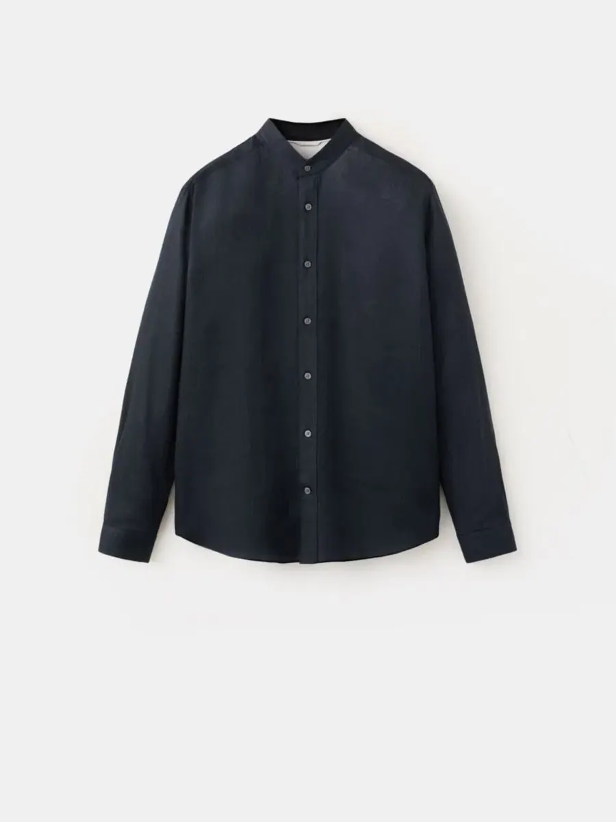 Мужская рубашка из льна Regular Fit Mao воротник MANGO — изображение 2 из 6, темно-синий