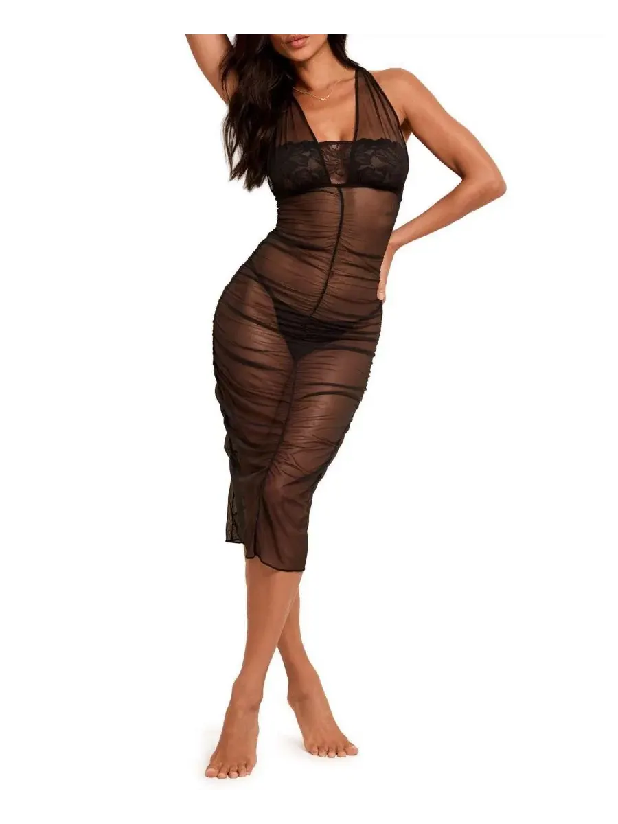 Комплект женского белья из кружева и сетки, модель Eave Slip and G-String Set Adore Me — изображение 3 из 6, черный