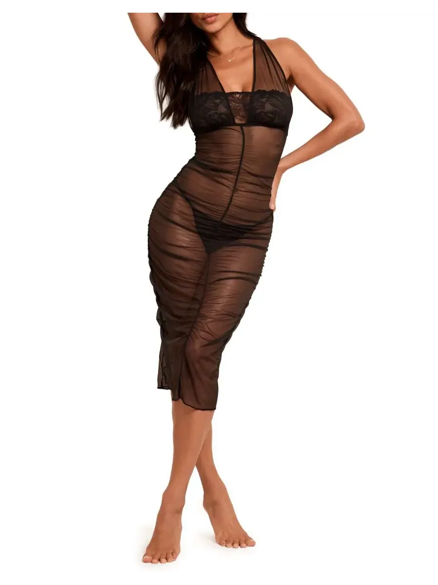 Комплект женского белья из кружева и сетки, модель Eave Slip and G-String Set Adore Me — изображение 4 из 6, черный