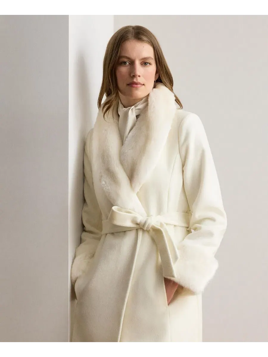 Пальто-халат из шерстяной смеси с меховой отделкой Lauren Ralph Lauren — изображение 3 из 8, бежевый