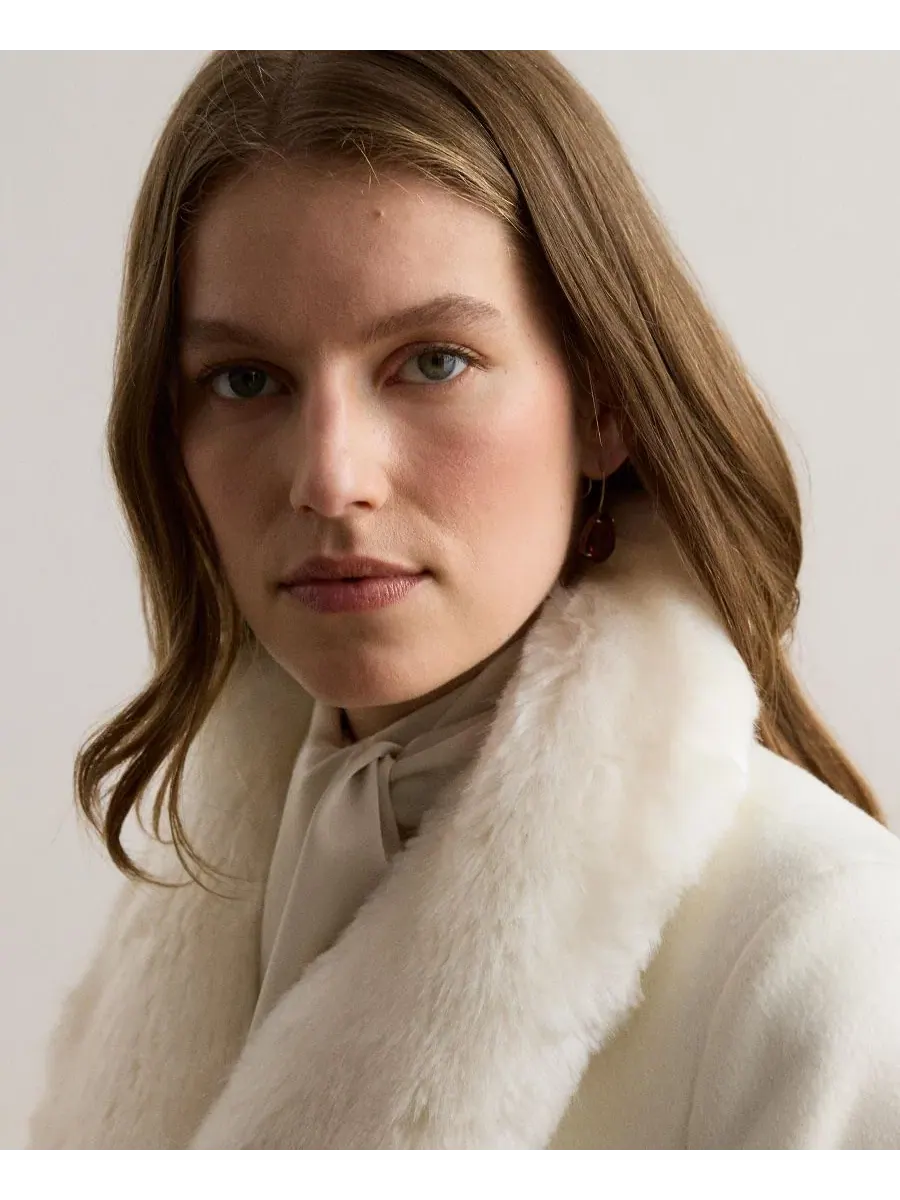Пальто-халат из шерстяной смеси с меховой отделкой Lauren Ralph Lauren — изображение 7 из 8, бежевый