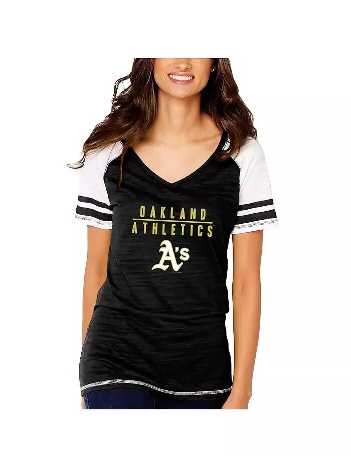 Черная женская футболка с v-образным вырезом и цветными блоками Oakland Athletics Soft As A Grape — изображение 2 из 3