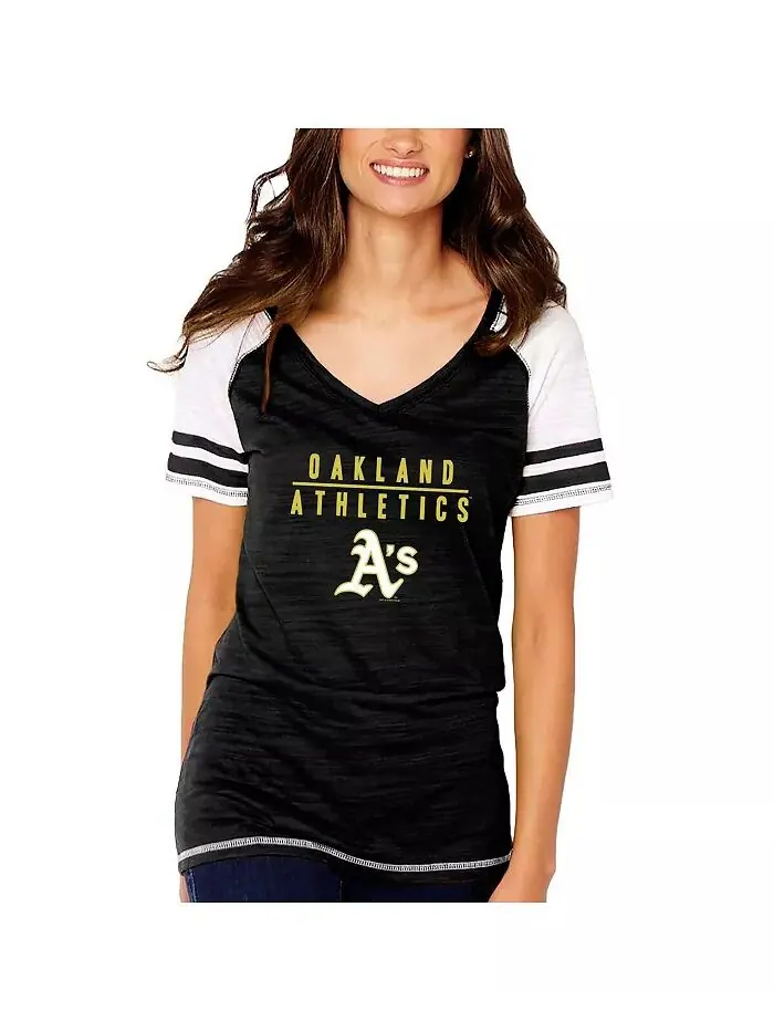 Женская черная футболка Oakland Athletics с цветными блоками и V-образным вырезом Soft As A Grape — изображение 3 из 4