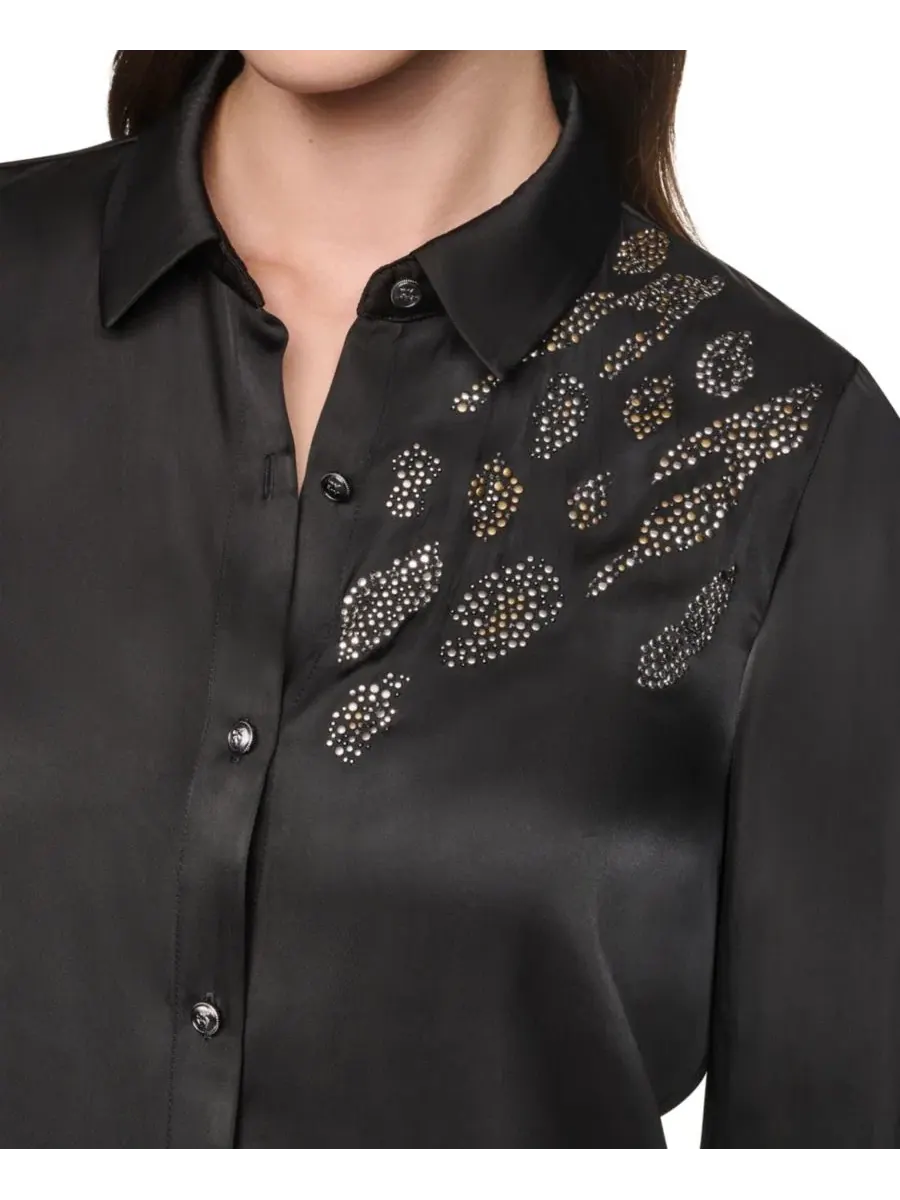 Блузка с воротником и манжетами-рюшами Animal Print Heat Set DKNY — изображение 6 из 8, черный