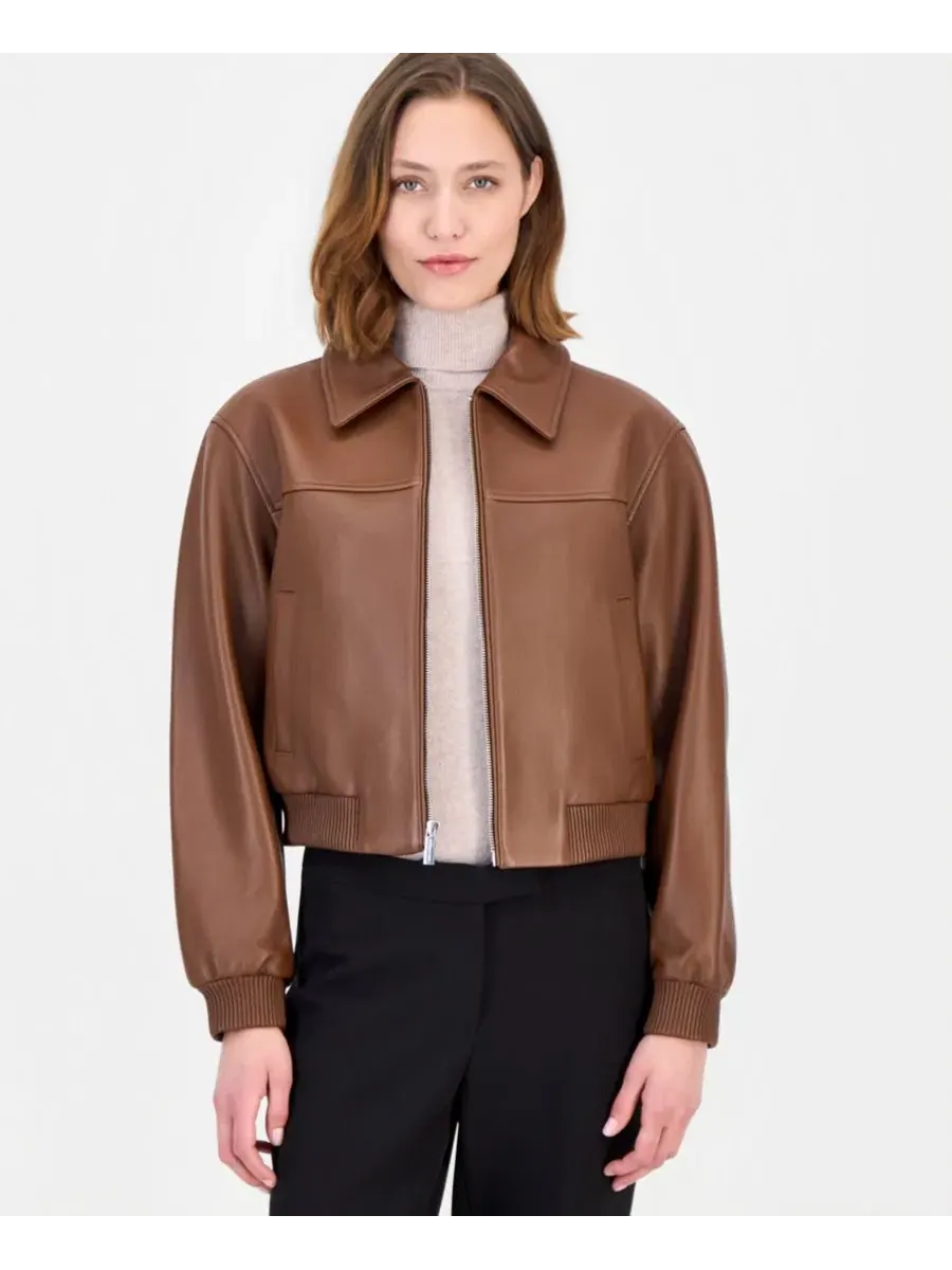 Кожаная куртка-бомбер с застежкой-молнией Michael Kors — изображение 2 из 5, коричневый