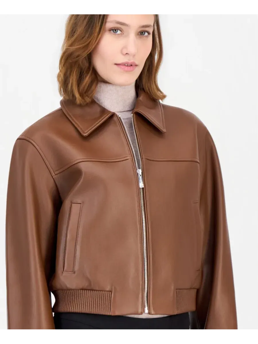 Кожаная куртка-бомбер с застежкой-молнией Michael Kors — изображение 4 из 5, коричневый