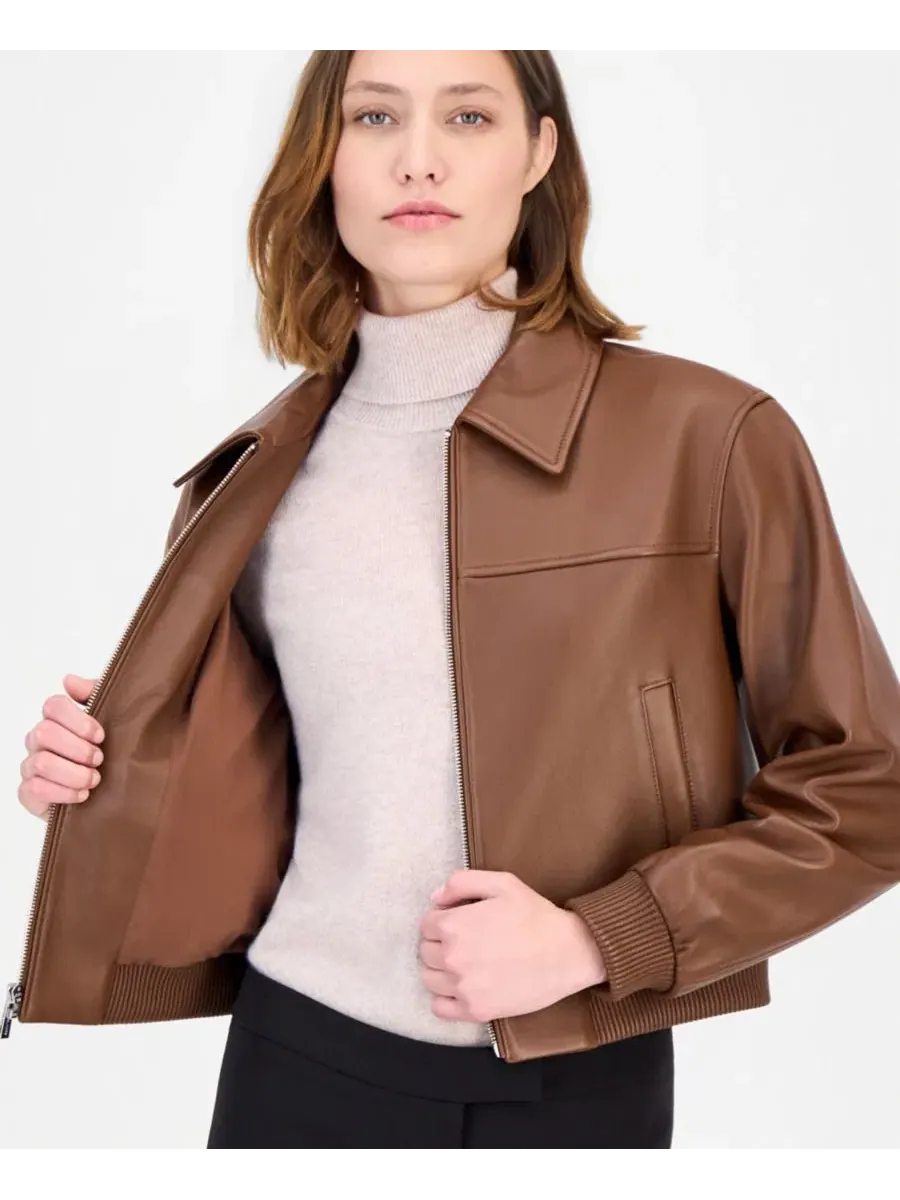 Кожаная куртка-бомбер с застежкой-молнией Michael Kors — изображение 5 из 5, коричневый