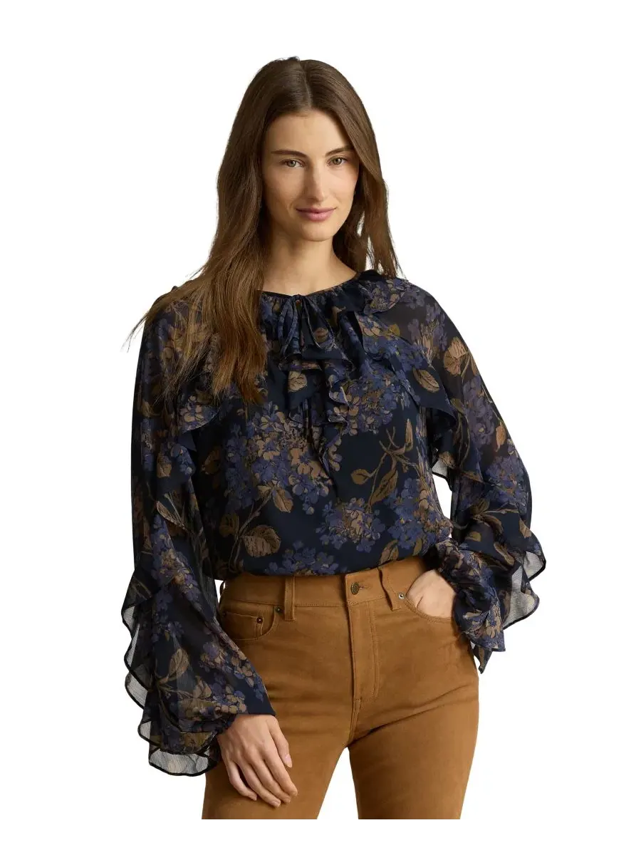Блуза женская с длинным рукавом, с рюшами, с принтом Lauren Ralph Lauren