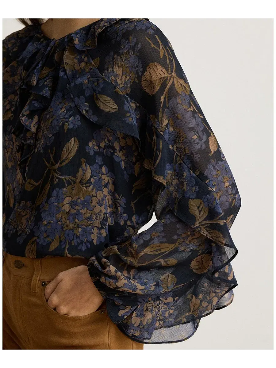 Блуза женская с длинным рукавом, с рюшами, с принтом Lauren Ralph Lauren — изображение 3 из 5, темно-синий мульти