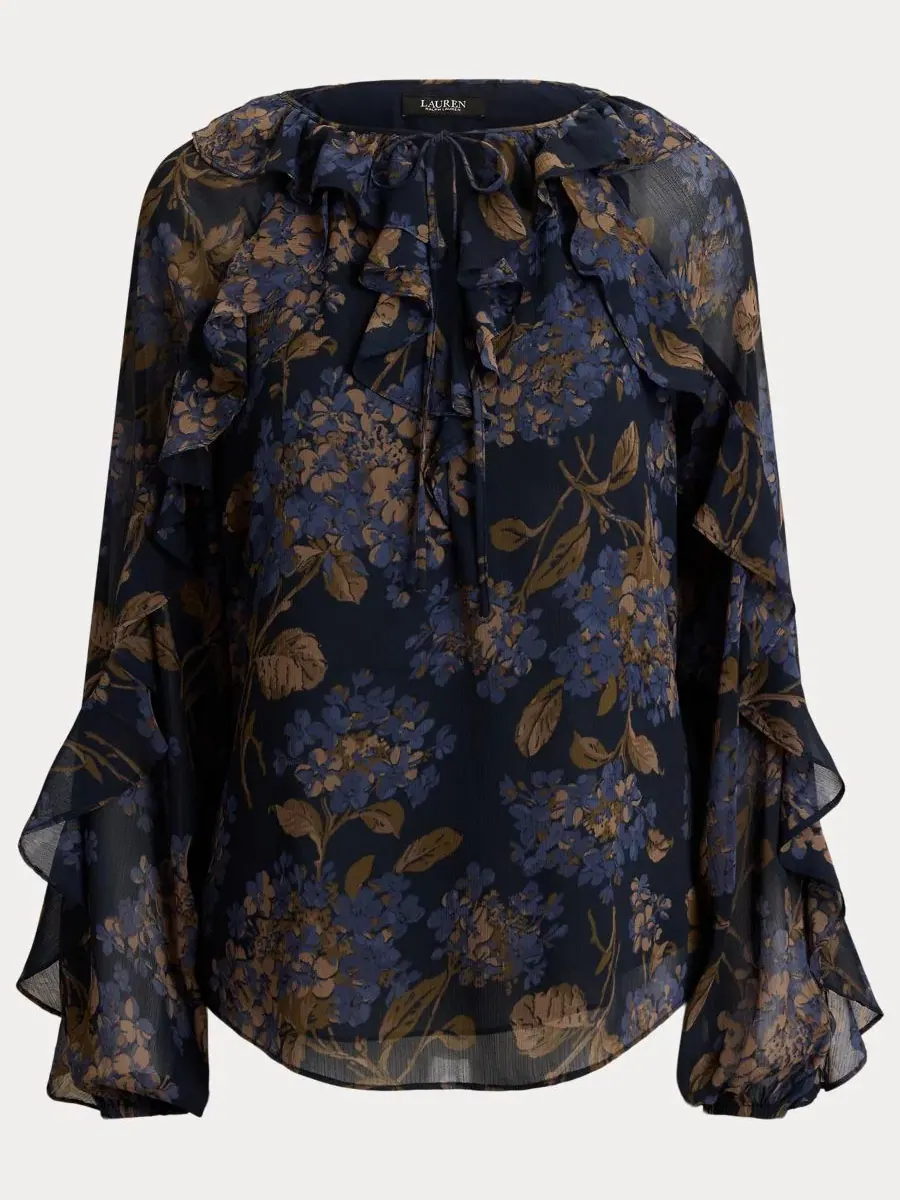 Блуза женская с длинным рукавом, с рюшами, с принтом Lauren Ralph Lauren — изображение 5 из 5, темно-синий мульти