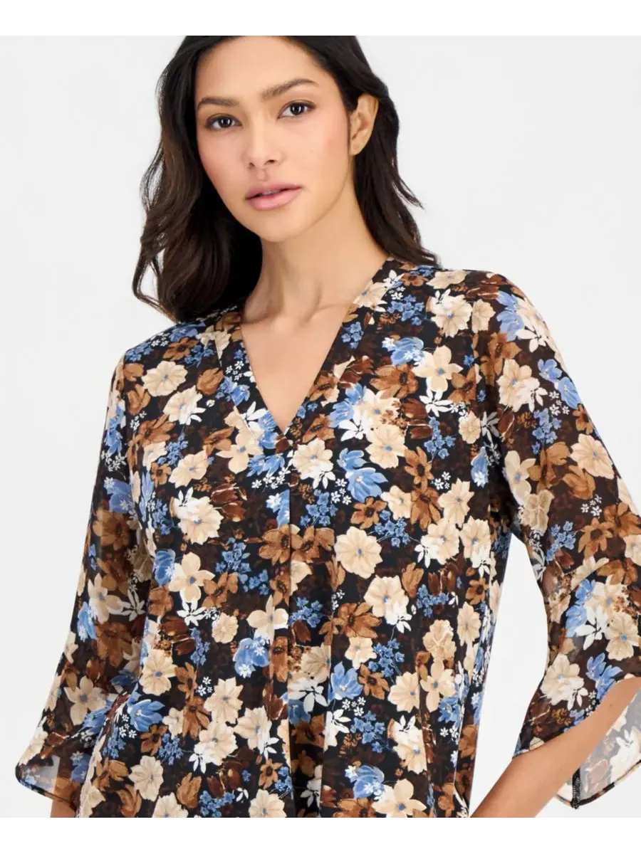 Блуза с цветочным принтом, рукав-колокол Anne Klein Essentials — изображение 2 из 4, черный мульти