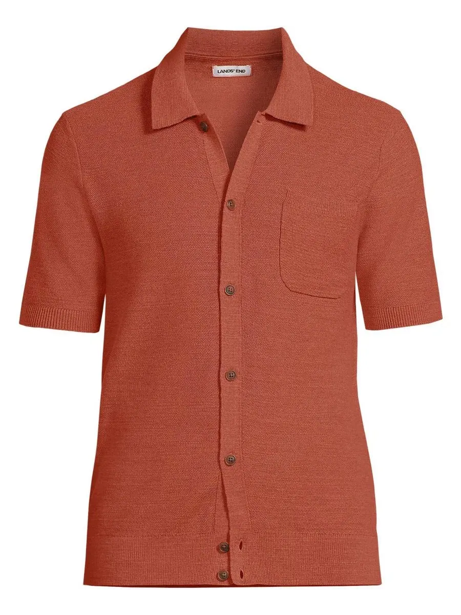 Свитер-поло с коротким рукавом, текстурированный Lands' End, Autumn Ember Heather — изображение 3 из 4