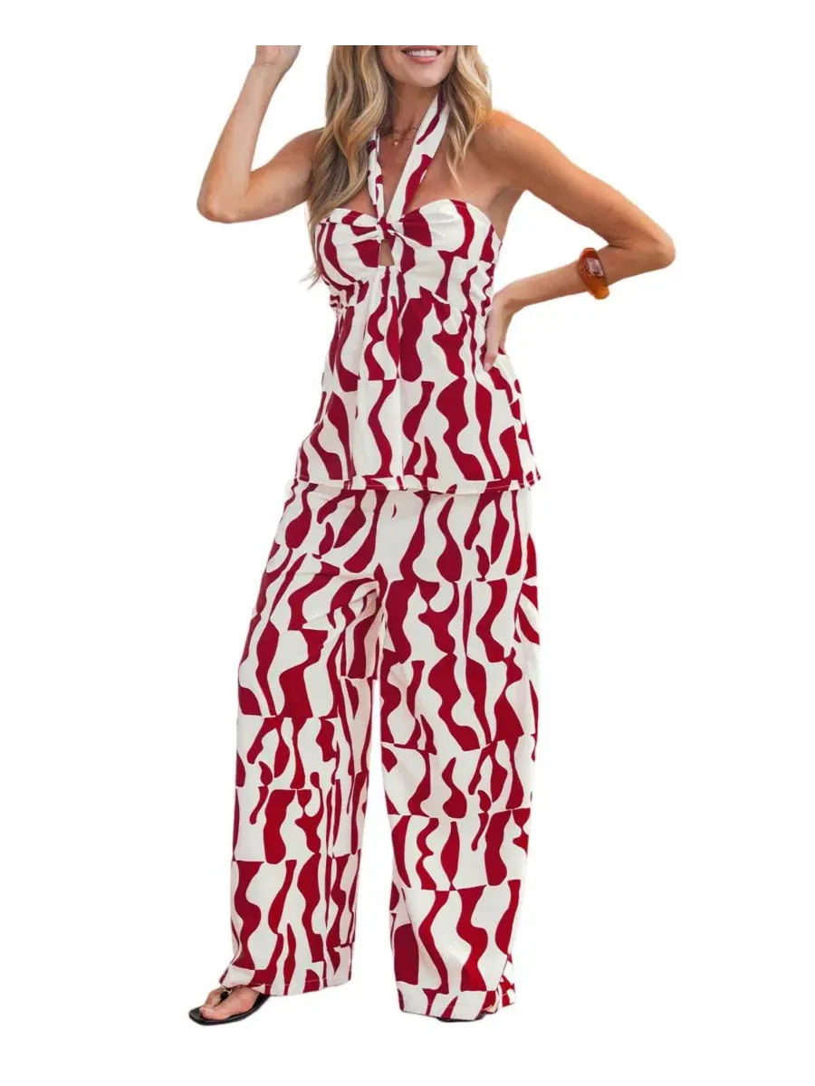 Комплект из топа с запахом и широких брюк Abstract Print Halter Keyhole Top and Wide Leg Pants