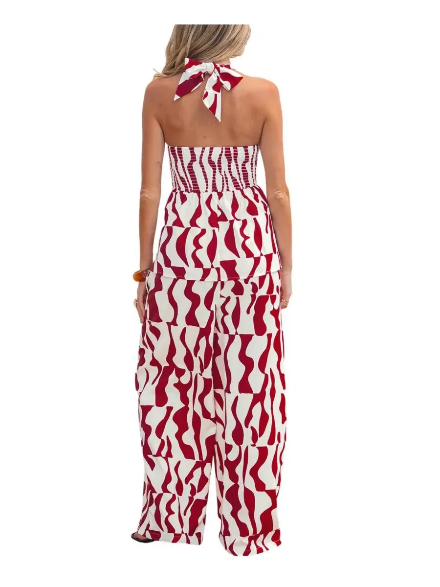 Комплект из топа с запахом и широких брюк Abstract Print Halter Keyhole Top and Wide Leg Pants — изображение 2 из 3, белый