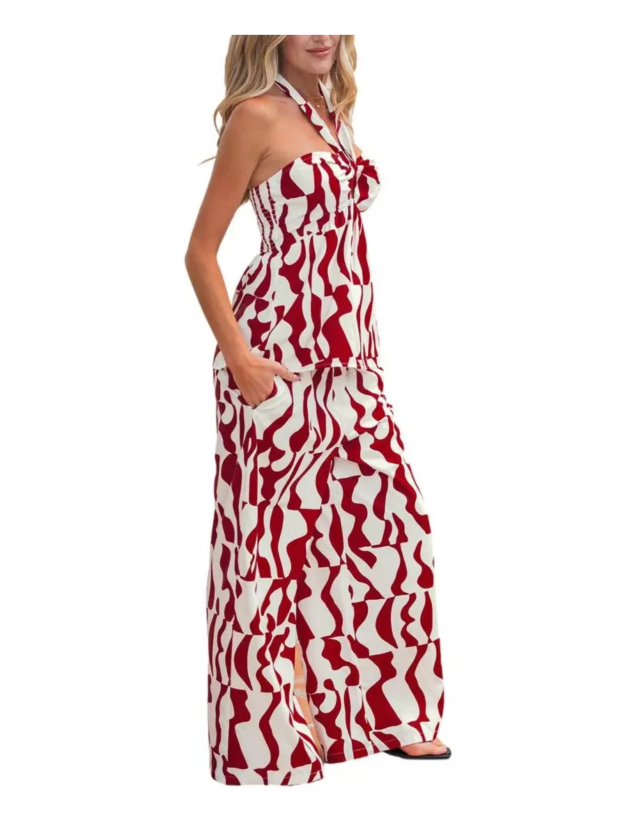 Комплект из топа с запахом и широких брюк Abstract Print Halter Keyhole Top and Wide Leg Pants — изображение 3 из 3, белый