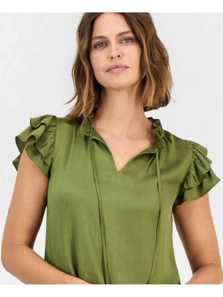 Блуза с завязками и короткими рукавами-воланами Anne Klein — изображение 2 из 3, зеленый
