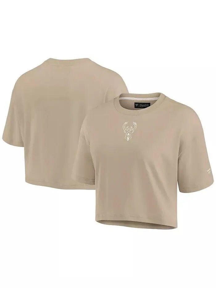 Женская укороченная футболка цвета хаки Milwaukee Bucks Elements Super Soft Boxy Fanatics Signature — зеленый
