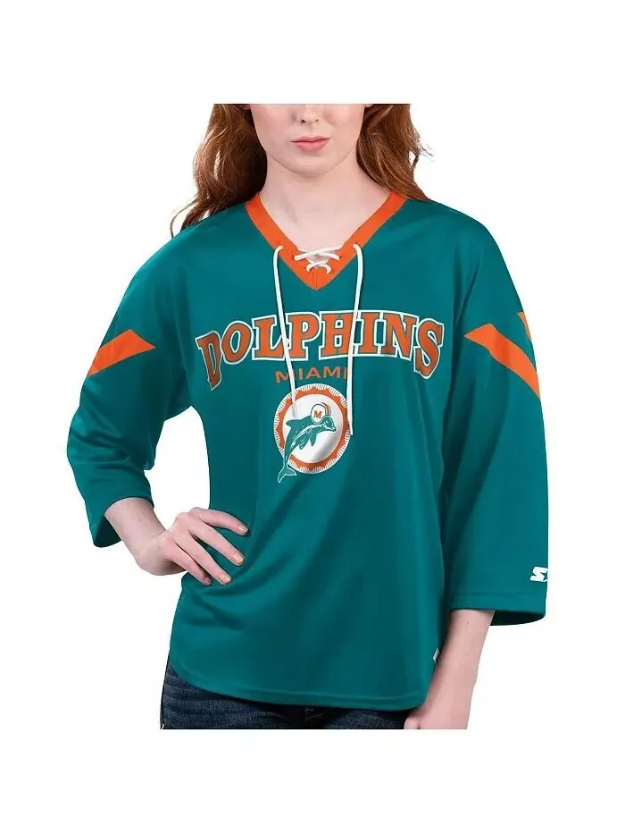 Женская футболка Aqua Miami Dolphins Rally со шнуровкой и рукавами 3/4 Starter — голубой