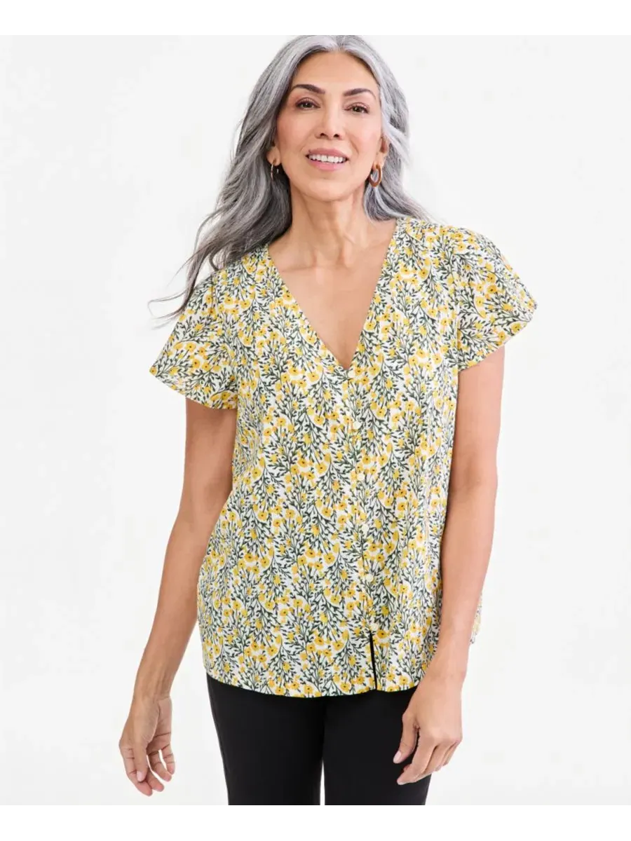 Блузка с коротким рукавом-воланами и V-образным вырезом Floral Mandarin Style & Co — изображение 1 из 4, оранжевый