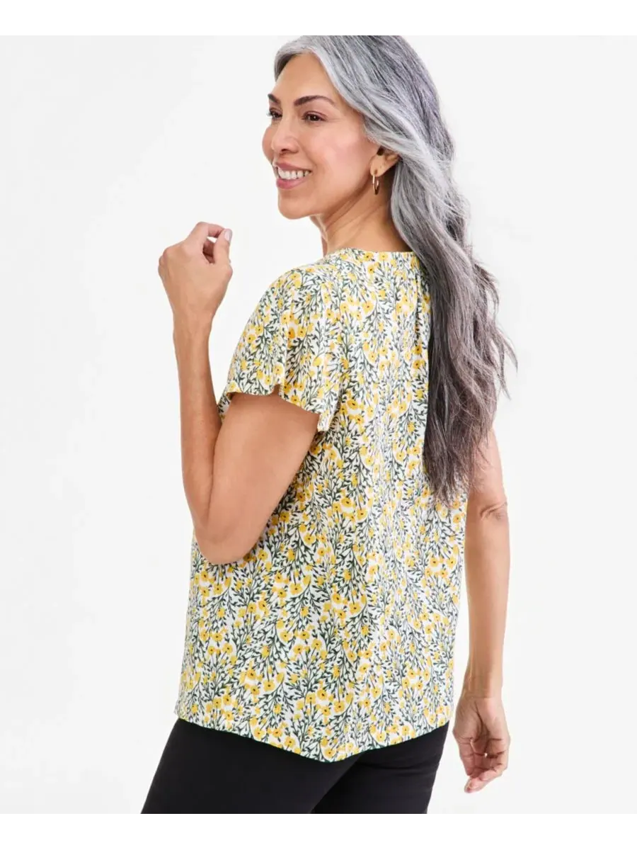 Блузка с коротким рукавом-воланами и V-образным вырезом Floral Mandarin Style & Co — изображение 3 из 4, оранжевый