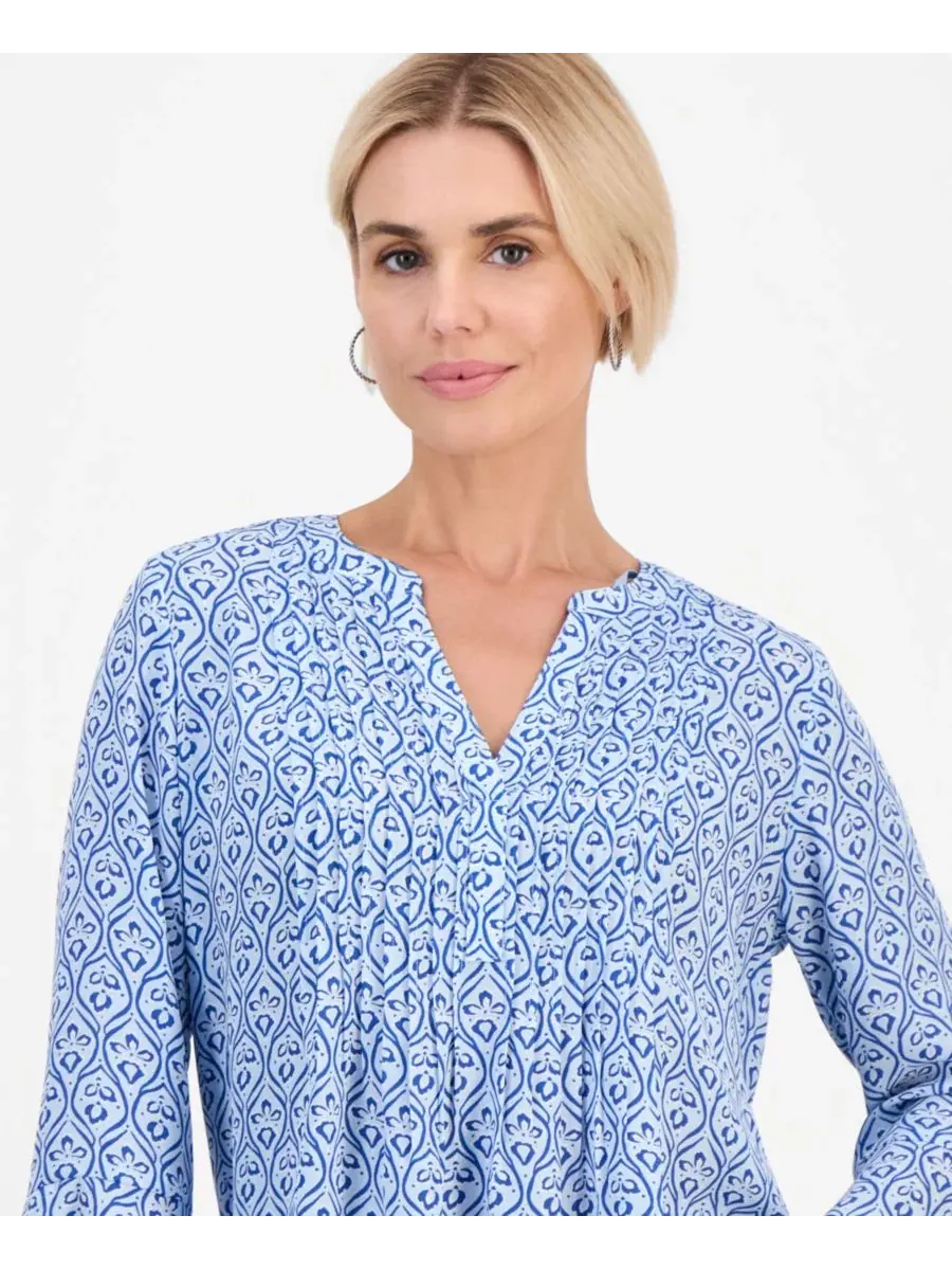 Блуза с принтом и колокольчиковыми рукавами Style & Co — изображение 2 из 4, синий