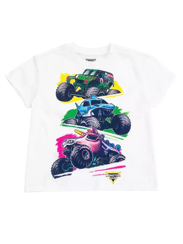 Комплект для девочек: футболка с удлиненными плечами и велосипедки Monster Jam — изображение 3 из 5, белый/розовый