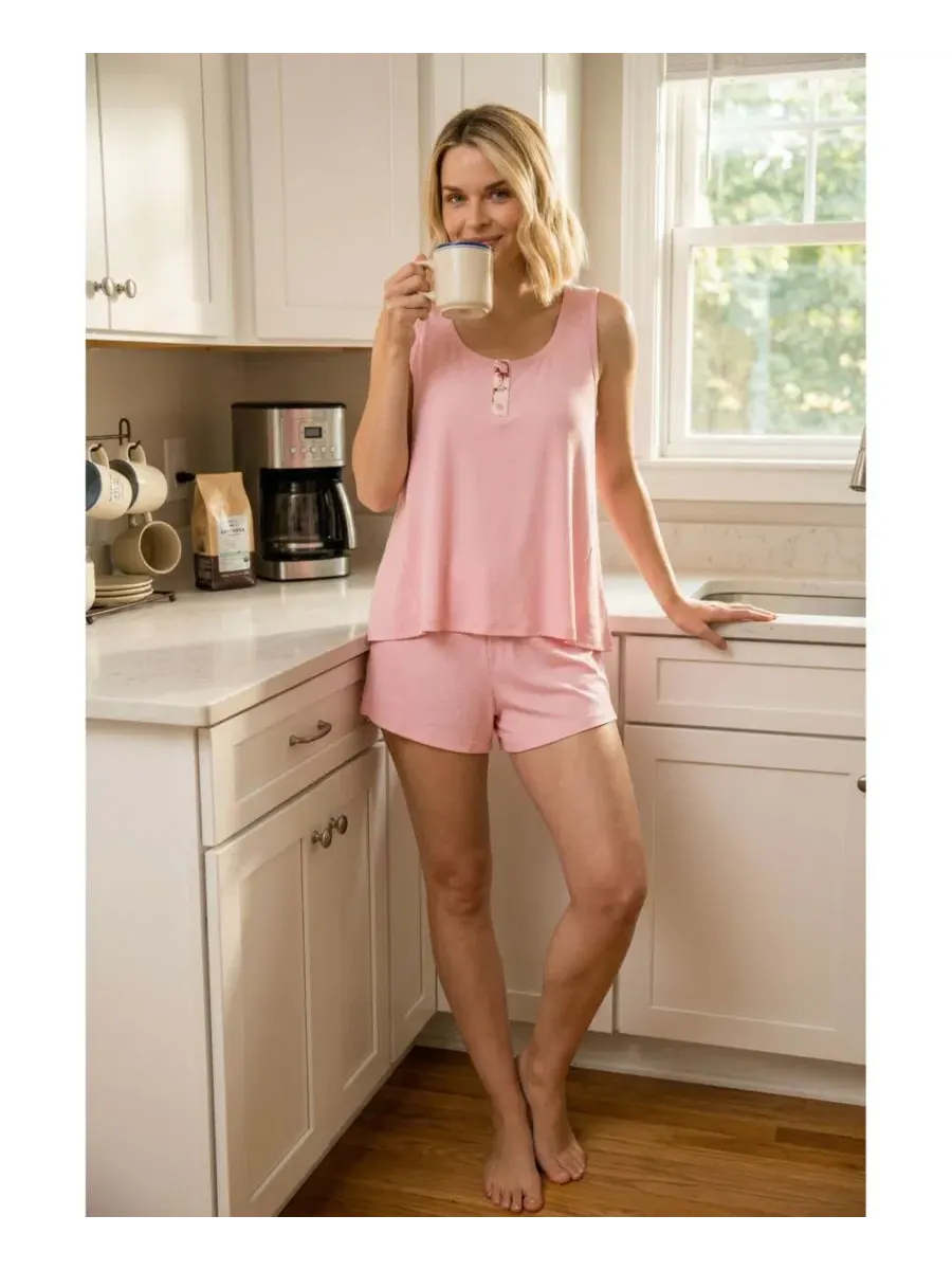 Комплект пижамы с топом без рукавов и шортами, модель Yummy Jersey Rib Henley, бренд Badgley Mischka — изображение 5 из 5