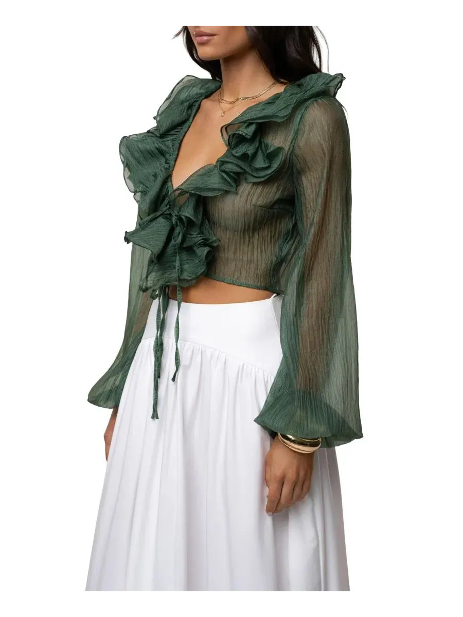 Блуза с рюшами Delilah Ruffled Top JLUXLABEL — изображение 2 из 10, зеленый