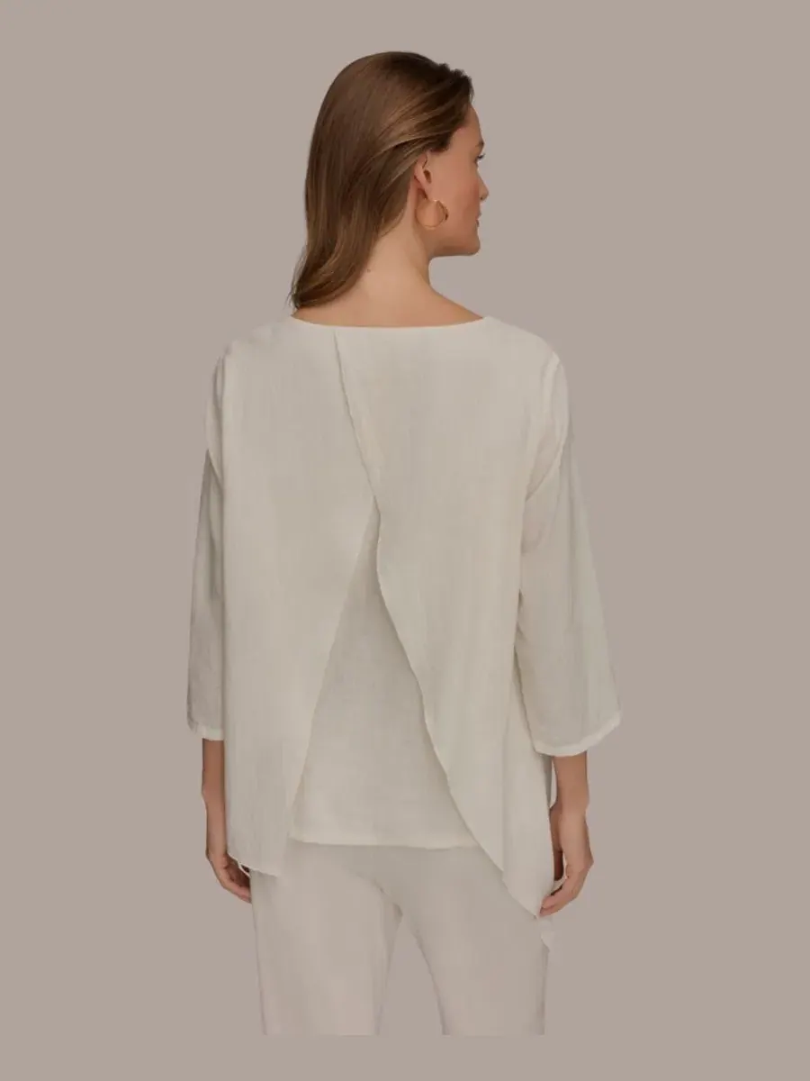 Блузка с запахом и рукавом 3/4 из льна Donna Karan Weekend — изображение 2 из 6, бежевый