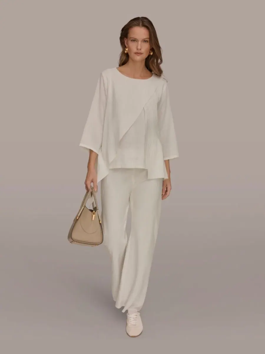Блузка с запахом и рукавом 3/4 из льна Donna Karan Weekend — изображение 6 из 6, бежевый