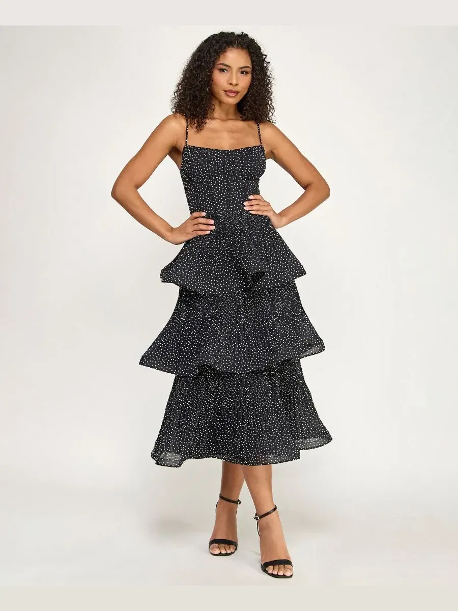 Платье миди с многослойной юбкой и кружевной спинкой Polka Dot Layered Ruffle SENI & CADE