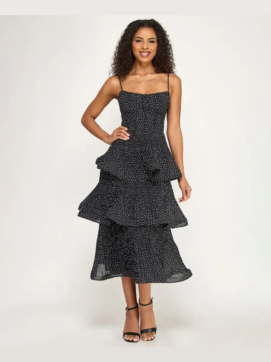 Платье миди с многослойной юбкой и кружевной спинкой Polka Dot Layered Ruffle SENI & CADE — изображение 2 из 6, белый