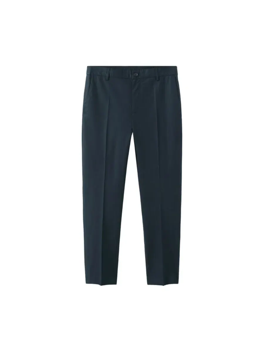 Брюки зауженные укороченные из хлопка и лиоцелла Slim Fit MANGO — изображение 2 из 7, темно-синий
