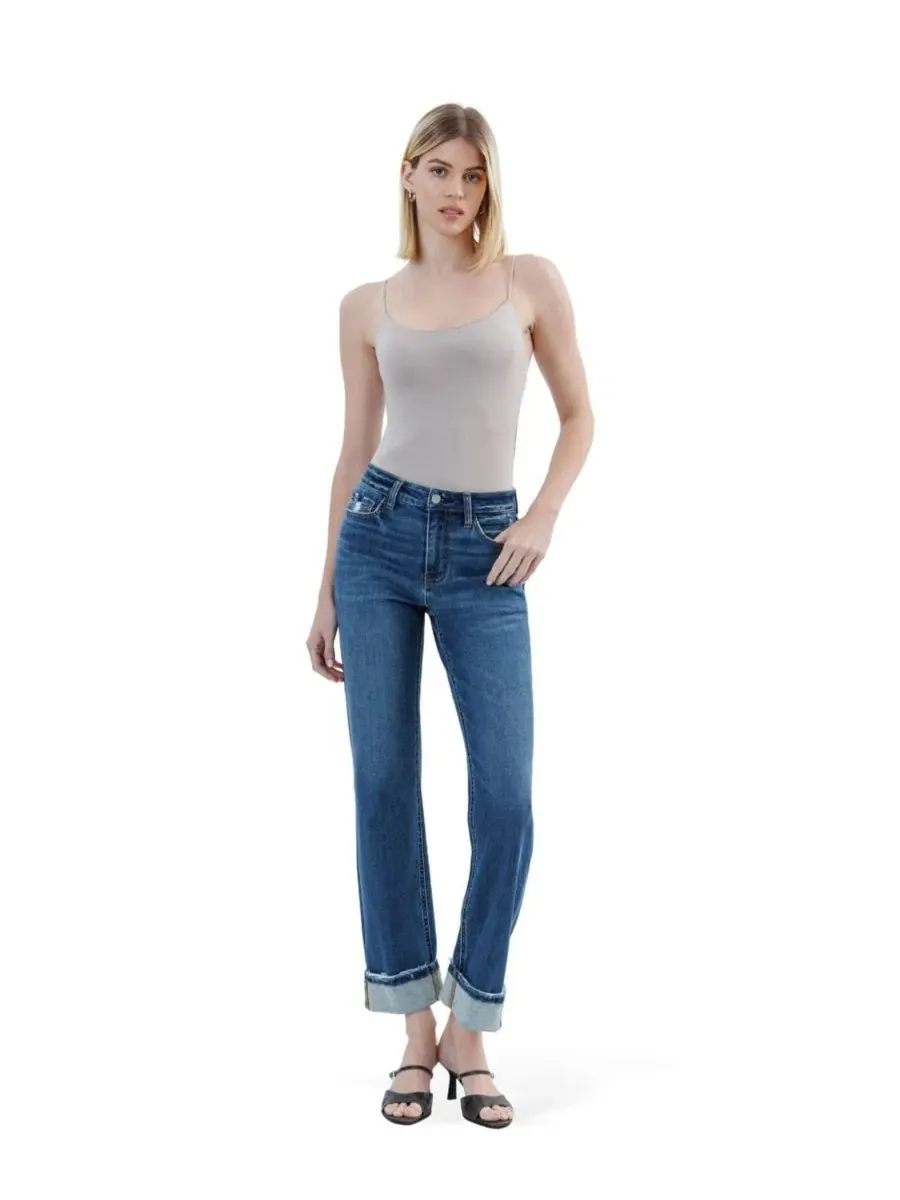 Джинсы прямого кроя с завышенной талией и манжетами, модель Distressed Cuffed Straight Vervet — изображение 2 из 5, синий