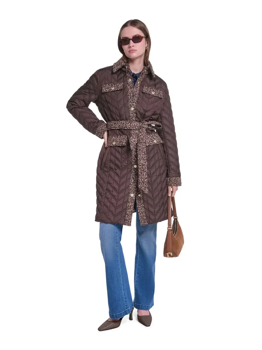 Женское длинное стеганое пальто с поясом, модель Agness Quilt Coat KARL LAGERFELD PARIS — изображение 3 из 8, ява
