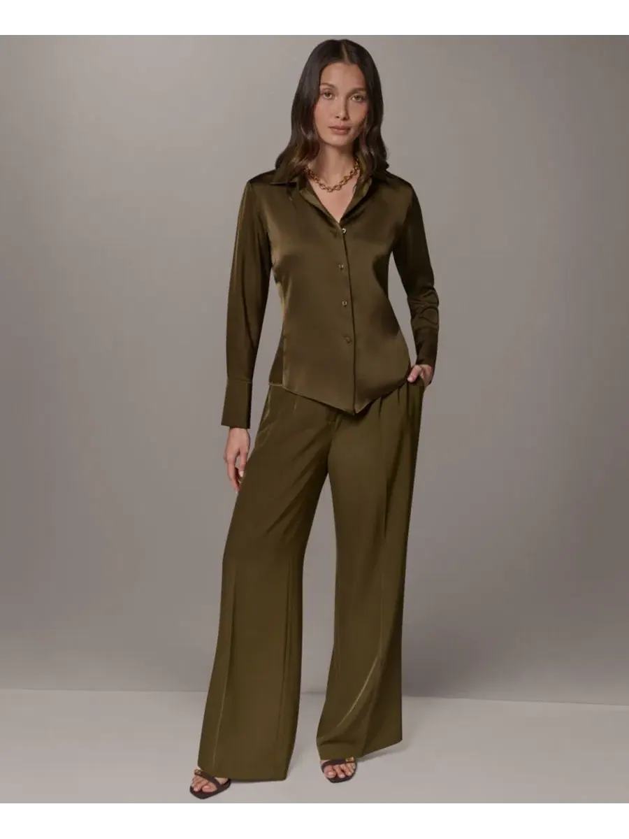 Блузка с воротником и пуговицами Petite Collared Button-Up Blouse Donna Karan New York — изображение 2 из 9, оливковый