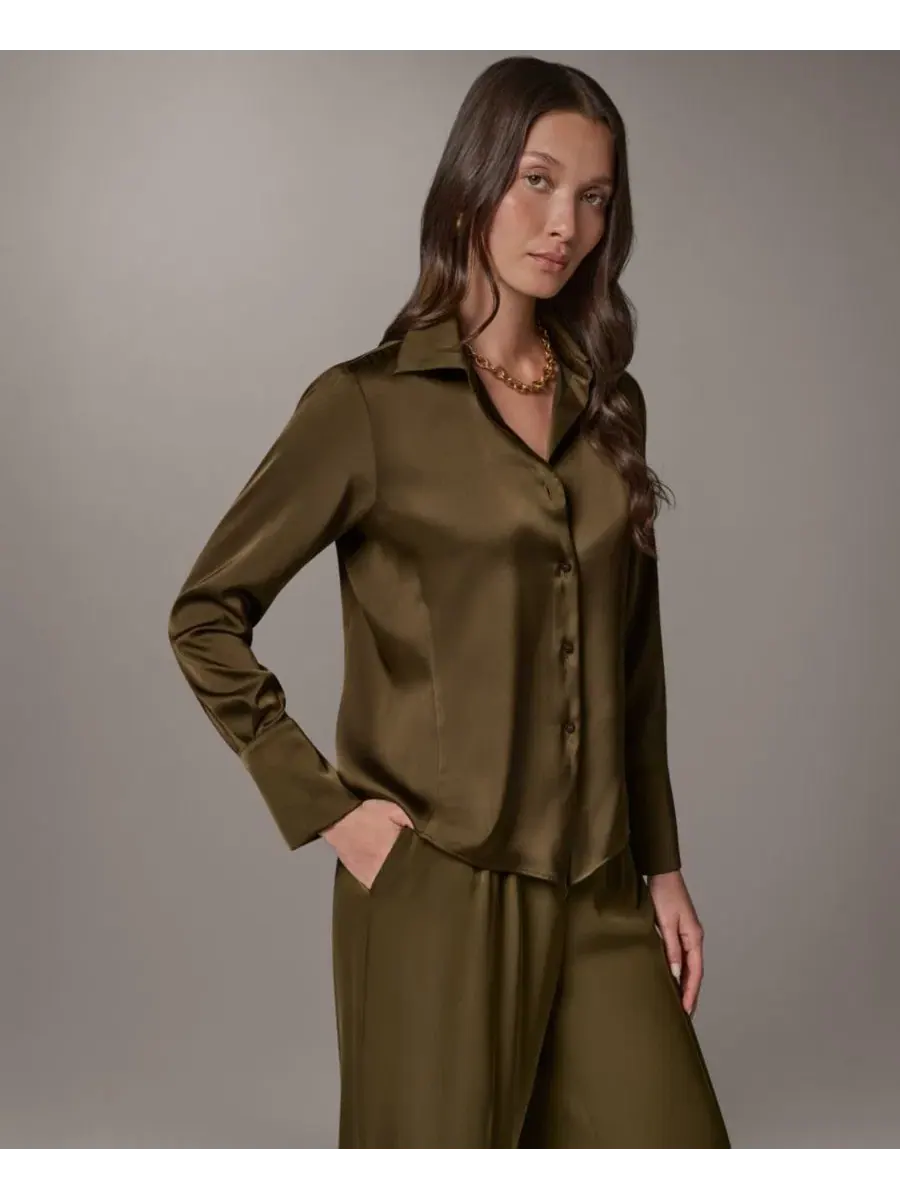 Блузка с воротником и пуговицами Petite Collared Button-Up Blouse Donna Karan New York — изображение 3 из 9, оливковый