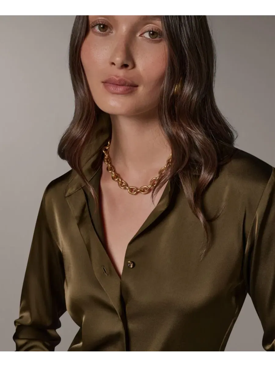 Блузка с воротником и пуговицами Petite Collared Button-Up Blouse Donna Karan New York — изображение 4 из 9, оливковый