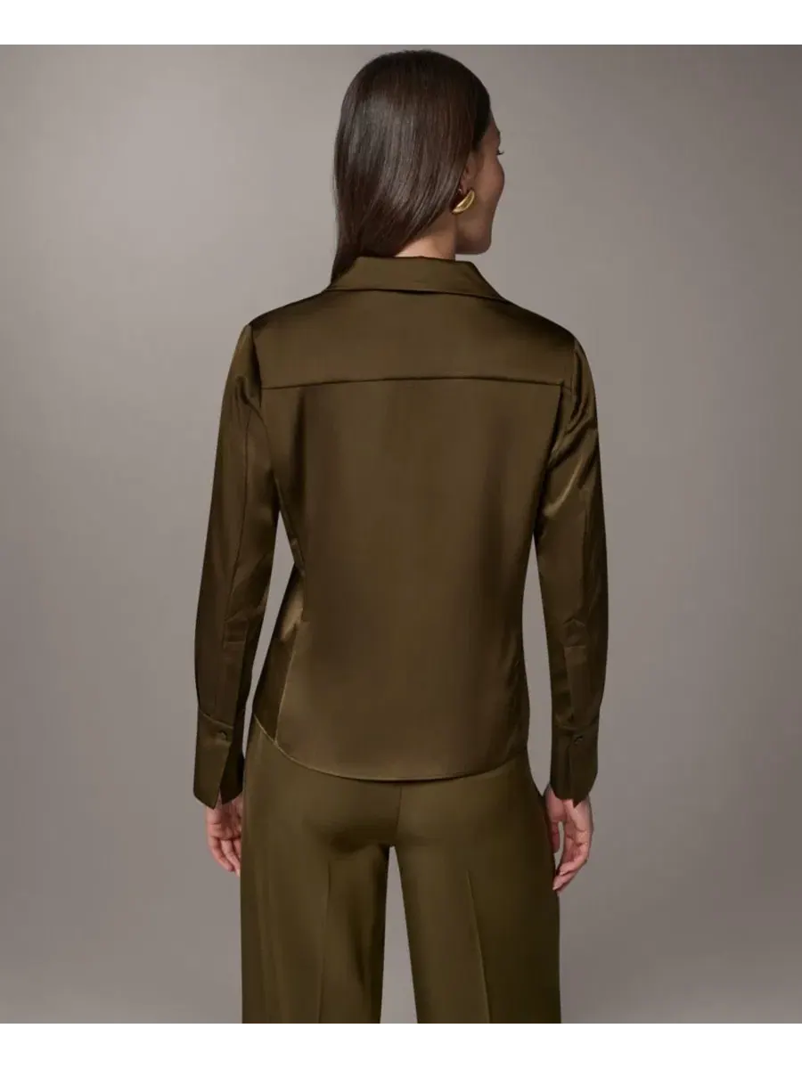Блузка с воротником и пуговицами Petite Collared Button-Up Blouse Donna Karan New York — изображение 5 из 9, оливковый