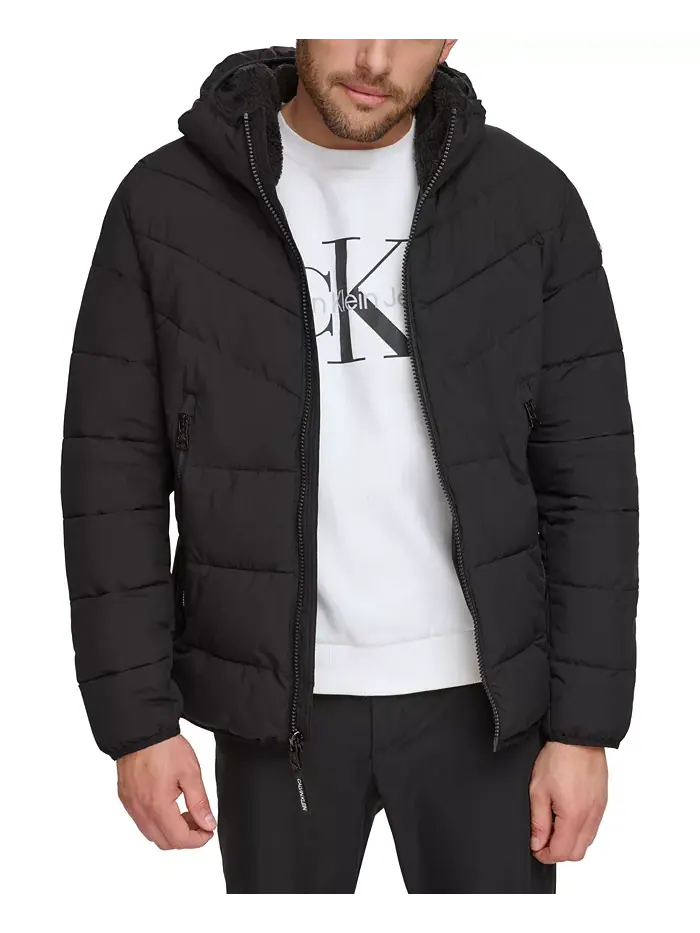 Мужская стеганая куртка Chevron с подкладкой из шерпы и капюшоном Calvin Klein — изображение 1 из 4, черный