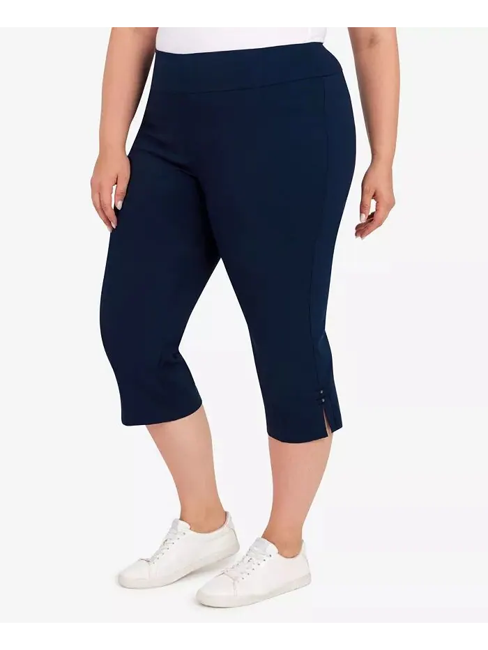 Брюки-капри Plus Size Essentials Solid Push-On с подрезами по низу HEARTS OF PALM — изображение 3 из 4, темно-синий